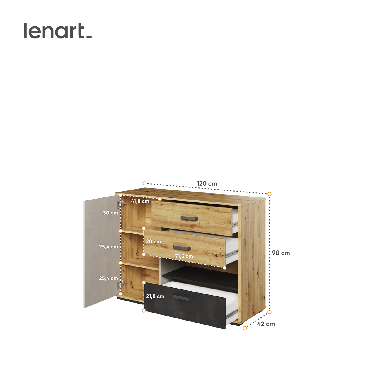 Komoda 1D3S dąb artisan/raw steel/silk flou QUBIC QB07 - obrazek 6