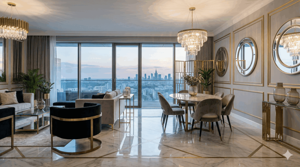 Kategoria Styl Glamour Homessimo.pl Luksusowe, otwarte wnętrze apartamentu w stylu nowoczesnego glamour z widokiem na panoramę miasta o zmierzchu. W centralnym punkcie znajduje się okrągły stół jadalniany z marmurowym blatem, otoczony krzesłami tapicerowanymi welurem w kolorze taupe, nad którym wisi okazały kryształowy żyrandol. W salonie, po lewej stronie, stoi elegancki czarny fotel Madame na mosiężnej ramie, sofa oraz szklany stolik kawowy. Podłoga wyłożona jest polerowanym marmurem z geometrycznymi, złotymi intarsjami, a na ścianach widać lustra w złotych ramkach i ozdobne sztukaterie. Wnętrze jest jasne i pełne blasku dzięki licznym mosiężnym i szklanym akcentom.