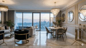 Kategoria Styl Glamour Homessimo.pl Luksusowe, otwarte wnętrze apartamentu w stylu nowoczesnego glamour z widokiem na panoramę miasta o zmierzchu. W centralnym punkcie znajduje się okrągły stół jadalniany z marmurowym blatem, otoczony krzesłami tapicerowanymi welurem w kolorze taupe, nad którym wisi okazały kryształowy żyrandol. W salonie, po lewej stronie, stoi elegancki czarny fotel Madame na mosiężnej ramie, sofa oraz szklany stolik kawowy. Podłoga wyłożona jest polerowanym marmurem z geometrycznymi, złotymi intarsjami, a na ścianach widać lustra w złotych ramkach i ozdobne sztukaterie. Wnętrze jest jasne i pełne blasku dzięki licznym mosiężnym i szklanym akcentom.