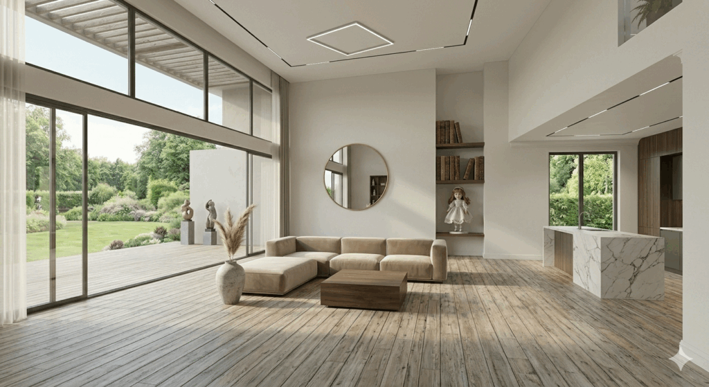 Kategoria Styl Nowoczesny Homessimo.pl: Przestronne, luksusowe wnętrze salonu w stylu nowoczesnego minimalizmu z wysokim sufitem i widokiem na ogród. Centralnym punktem jest modułowa kanapa w kolorze taupe, stojąca na podłodze z jasnych, postarzanych desek drewnianych. Przed kanapą znajduje się niski, orzechowy stolik kawowy oraz duży, rustykalny wazon z trawą pampasową. Tylną ścianę ozdabia duże, okrągłe lustro w mosiężnej ramie oraz wbudowane regały z ciemnego drewna, wypełnione książkami, na których stoi porcelanowa lalka. Po prawej stronie widać marmurową wyspę kuchenną. Ogromne, przesuwne szklane drzwi otwierają się na taras i rozległy, zadbany ogród. Nad głową wisi unikalny, geometryczny żyrandol LED, a sufit zdobią nowoczesne, wbudowane listwy oświetleniowe.