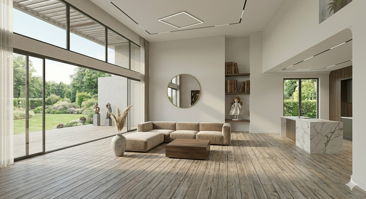 Kategoria Styl Nowoczesny Homessimo.pl: Przestronne, luksusowe wnętrze salonu w stylu nowoczesnego minimalizmu z wysokim sufitem i widokiem na ogród. Centralnym punktem jest modułowa kanapa w kolorze taupe, stojąca na podłodze z jasnych, postarzanych desek drewnianych. Przed kanapą znajduje się niski, orzechowy stolik kawowy oraz duży, rustykalny wazon z trawą pampasową. Tylną ścianę ozdabia duże, okrągłe lustro w mosiężnej ramie oraz wbudowane regały z ciemnego drewna, wypełnione książkami, na których stoi porcelanowa lalka. Po prawej stronie widać marmurową wyspę kuchenną. Ogromne, przesuwne szklane drzwi otwierają się na taras i rozległy, zadbany ogród. Nad głową wisi unikalny, geometryczny żyrandol LED, a sufit zdobią nowoczesne, wbudowane listwy oświetleniowe.