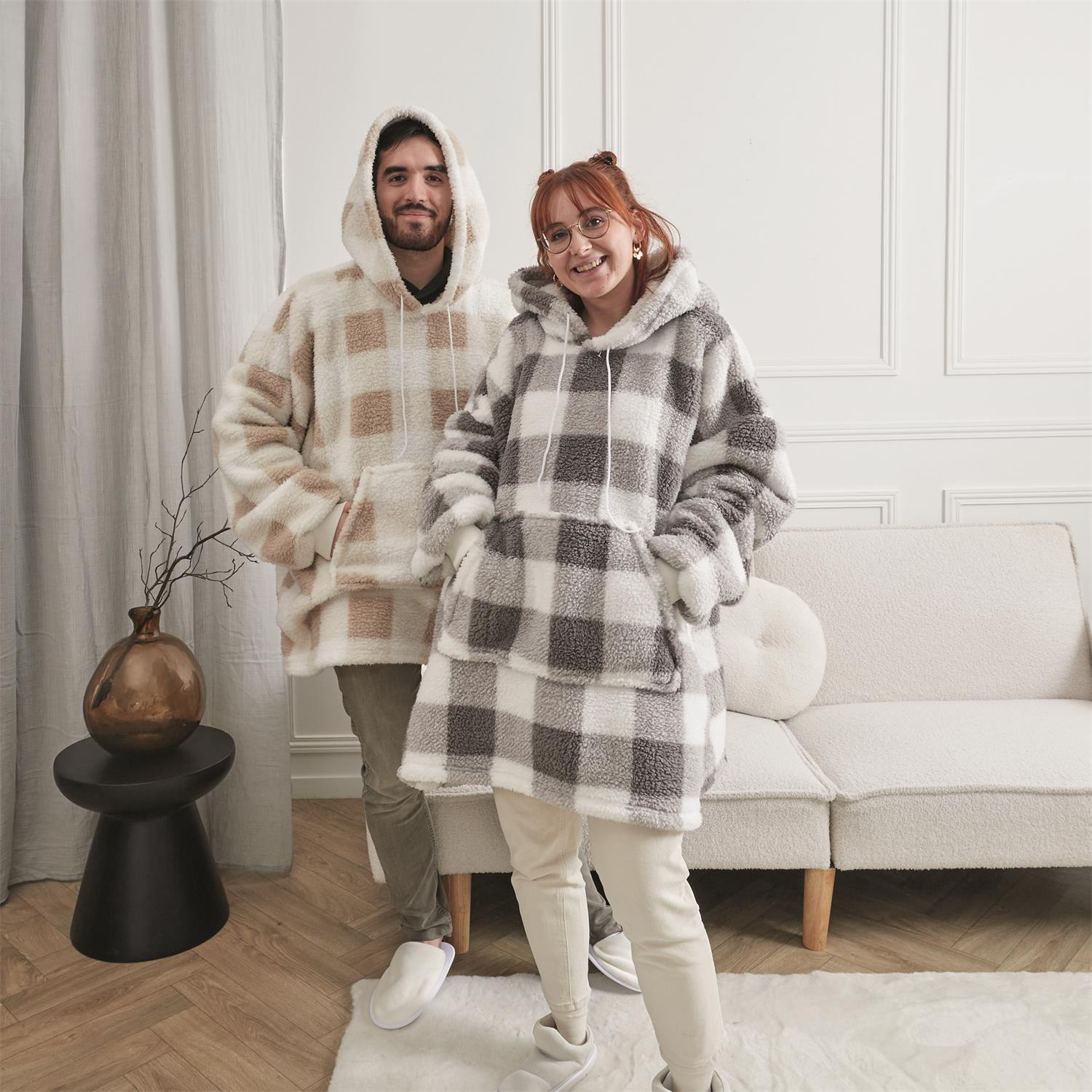 Bluza ocieplana długa/ snuddie w kratę beżowa/biała - obrazek 3
