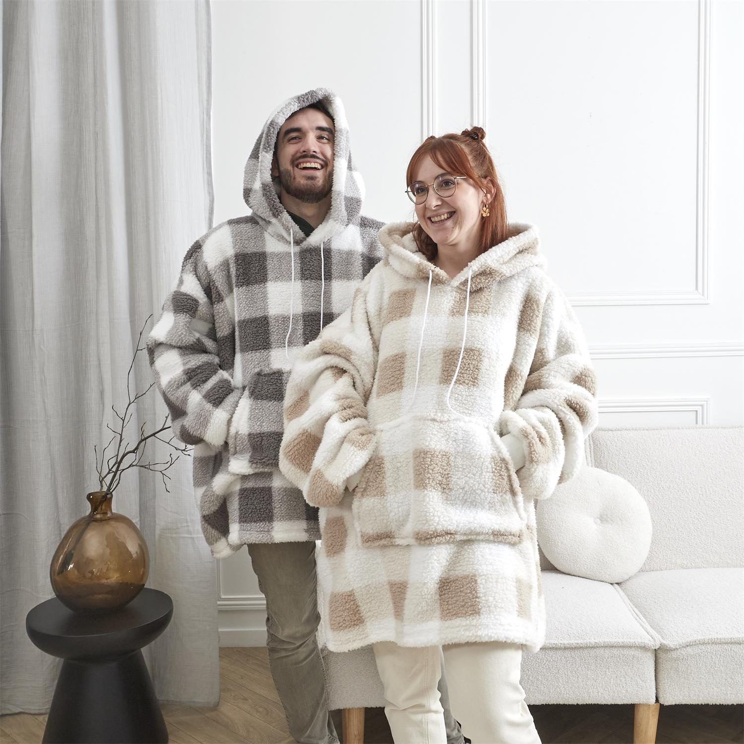 Bluza ocieplana długa/ snuddie w kratę beżowa/biała - obrazek 5