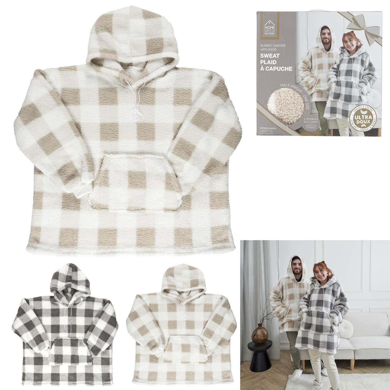 Bluza ocieplana długa/ snuddie w kratę beżowa/biała - obrazek 7