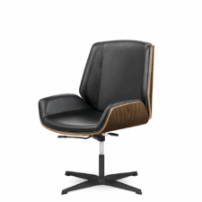 Wyjątkowy fotel biurowy Timo Low czarna skóra ekologiczna, jasny palisander, czarna stała podstawa - stylowy i funkcjonalny