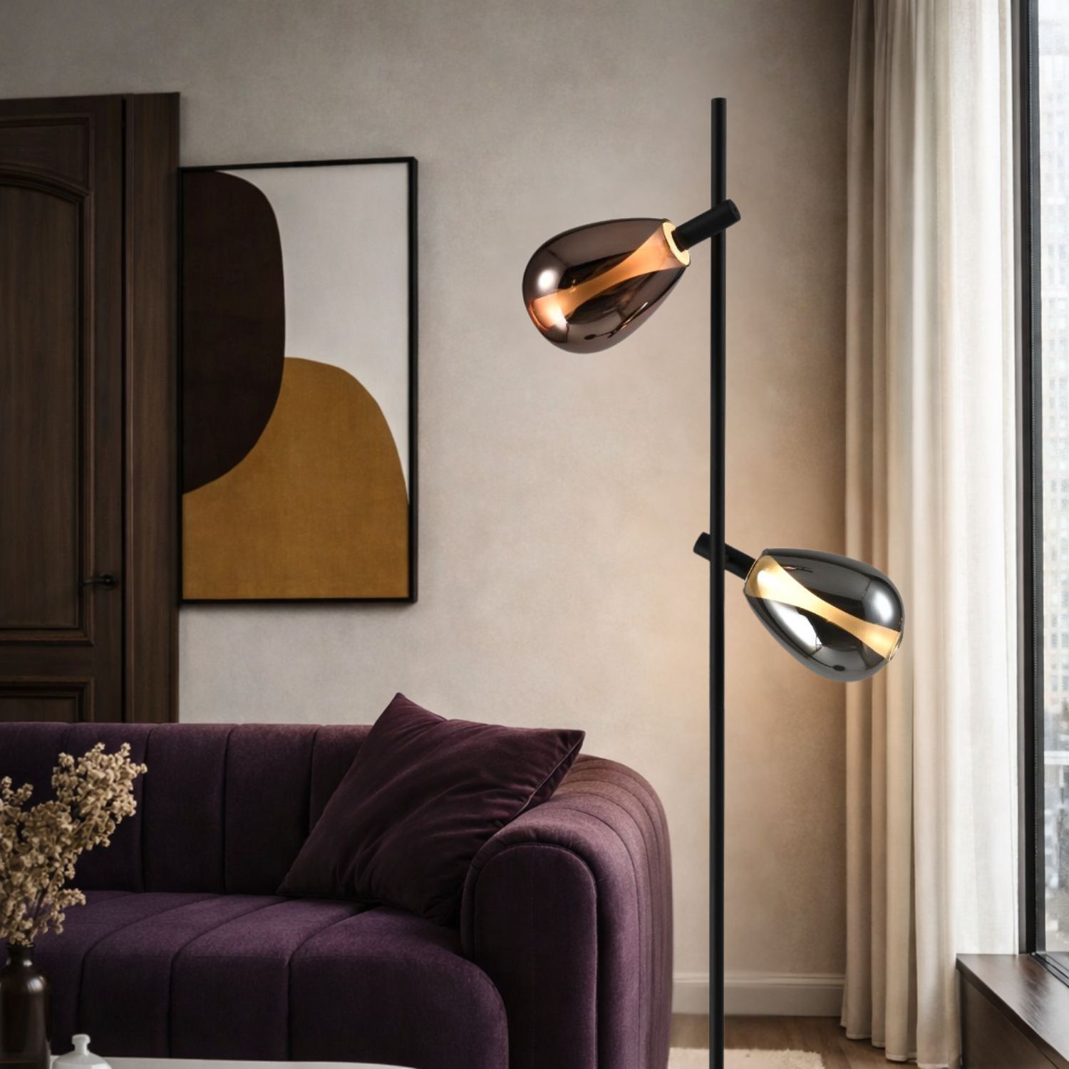 DENSO lampa podłogowa czarny 2x5W G9 klosz dymiony+miedziany - obrazek 3