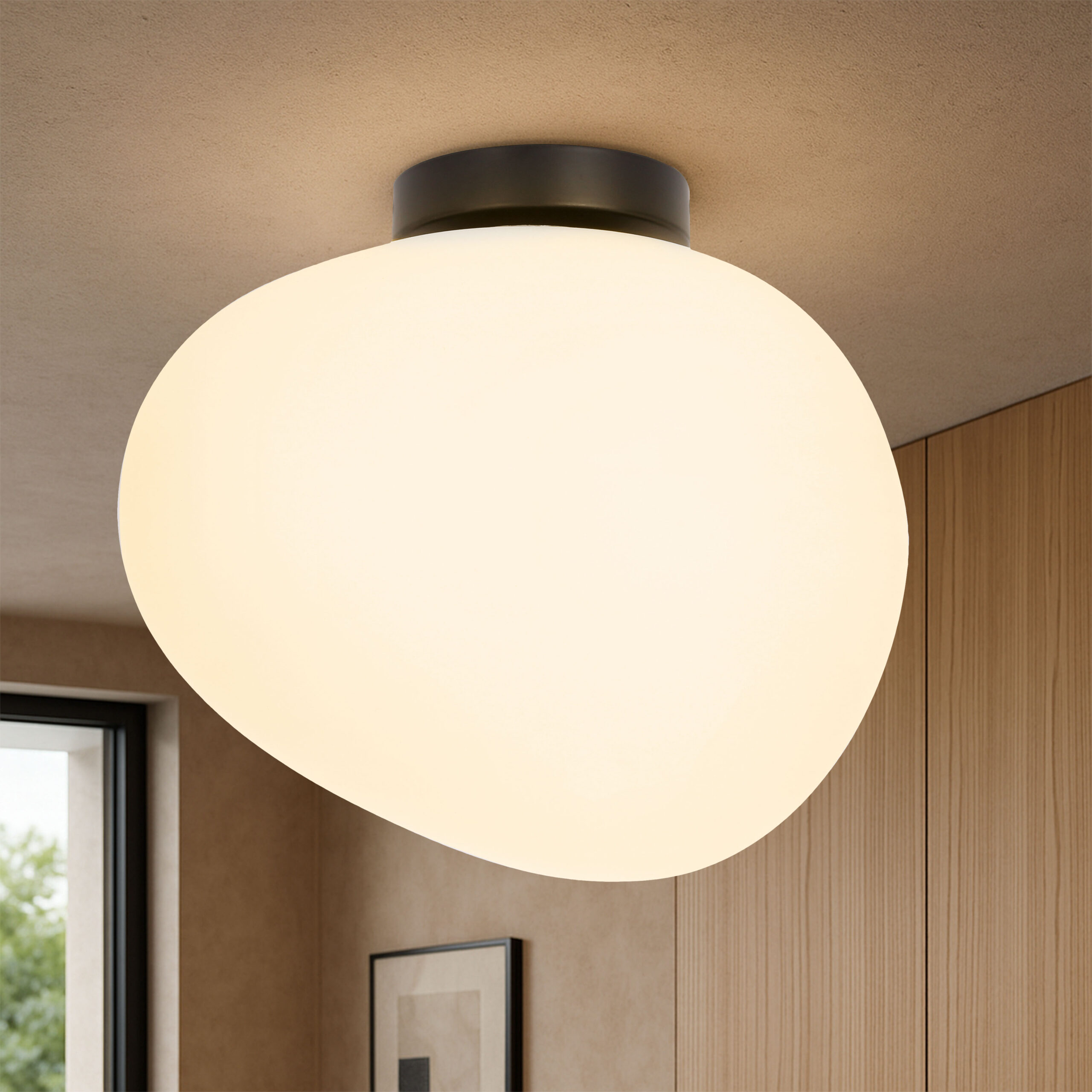 Lampa sufitowa STONES inspirowana kamieniem - designerski plafon z mlecznym kloszem 30 cm – oświetlenie salonu i korytarza E27 - obrazek 3