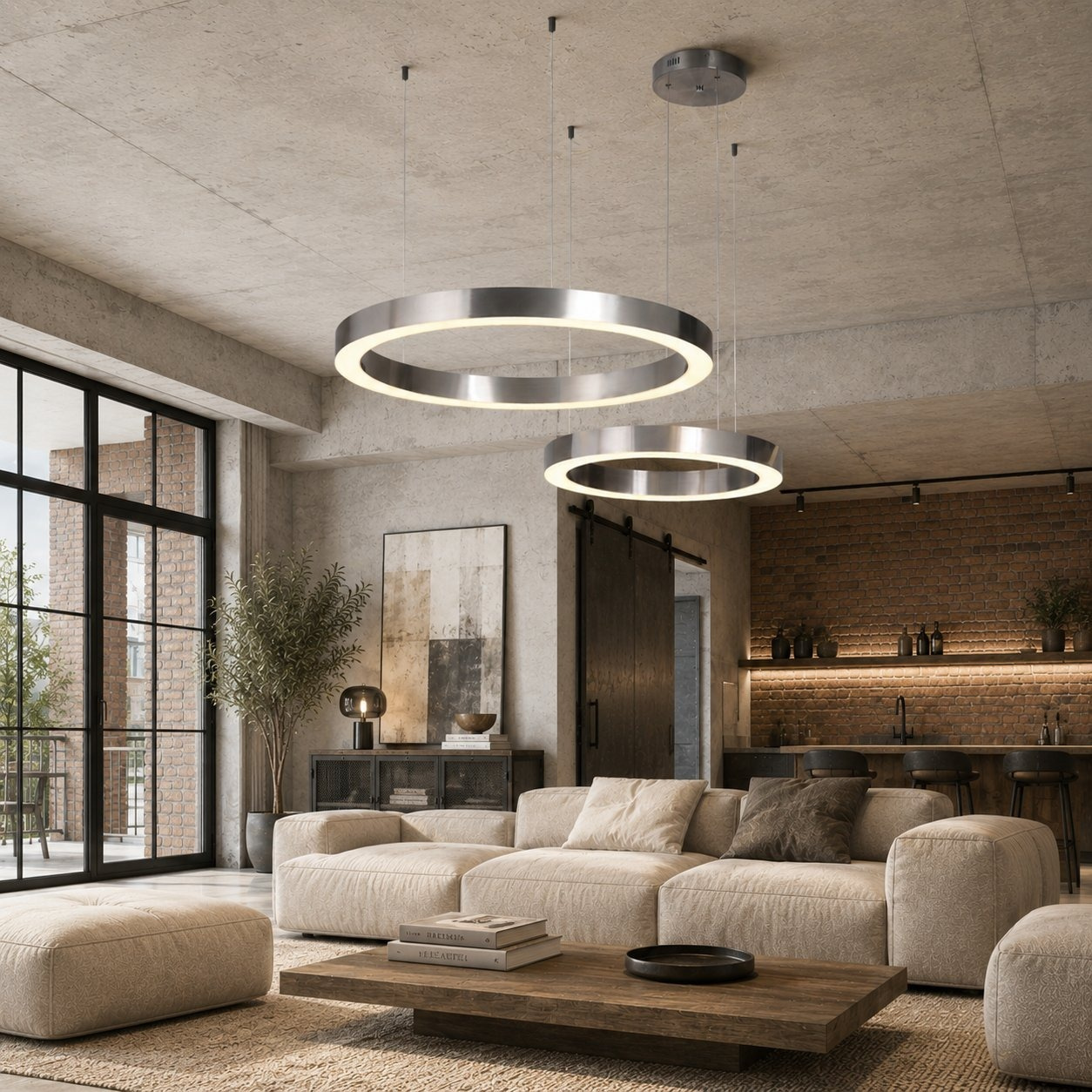 Stylowy komplet lamp wiszących CIRCLE 60+80 LED nikiel 2 pierścienie nowoczesny design - obrazek 3