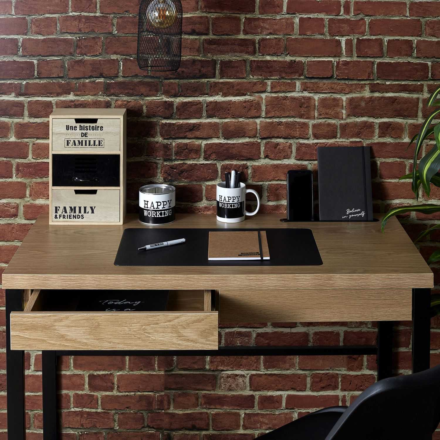 Biurko industrialne Intesi Dolem MDF metal naturalny dąb czarne z szufladą 100x50 cm - obrazek 12