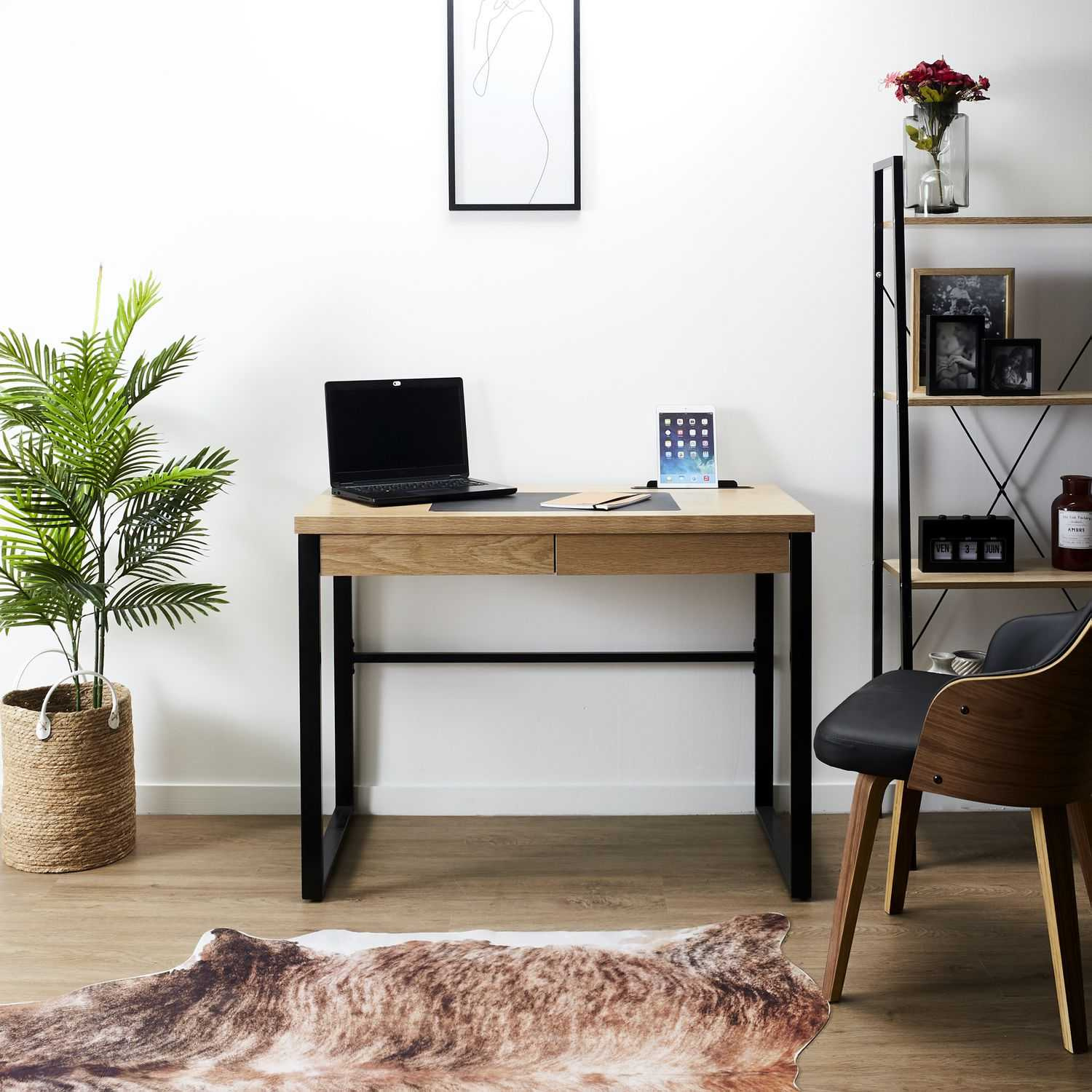 Biurko industrialne Intesi Dolem MDF metal naturalny dąb czarne z szufladą 100x50 cm - obrazek 13