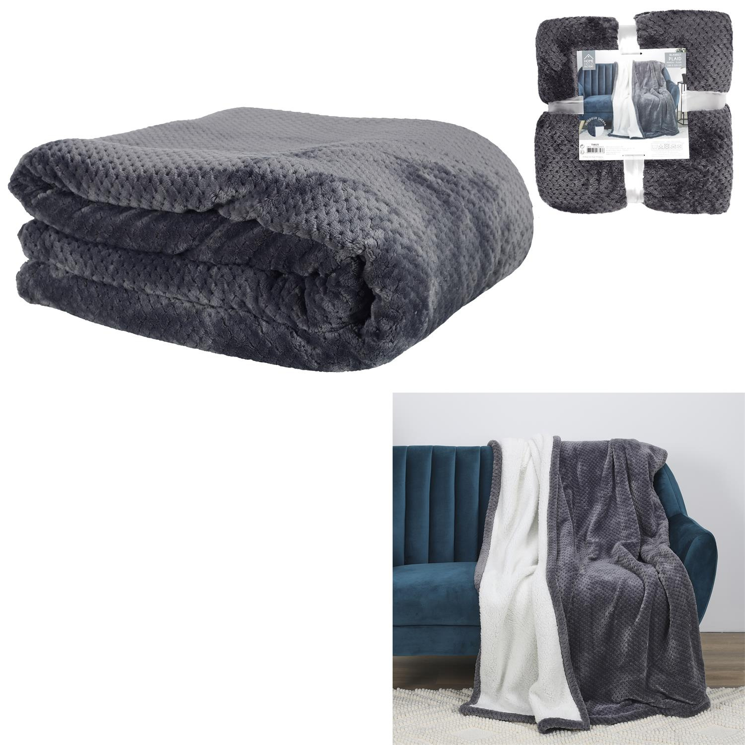 Koc Sherpa szary 180x220cm gruby pikowany - obrazek 5