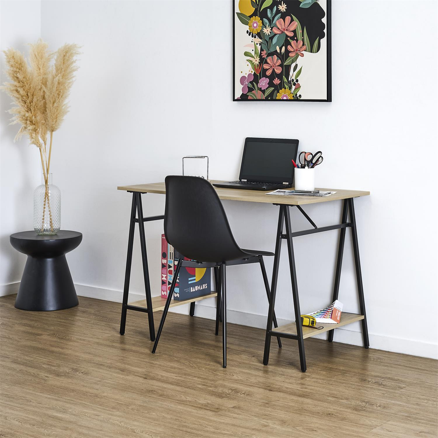 Biurko loft Archi 110x60 z półkami do pracy naturalne czarne - obrazek 3