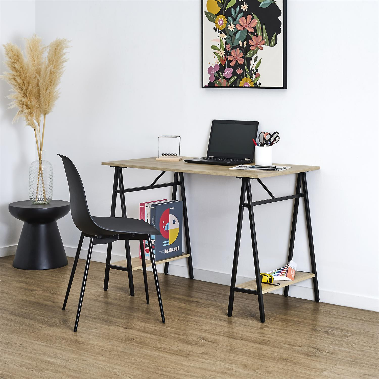 Biurko loft Archi 110x60 z półkami do pracy naturalne czarne - obrazek 4