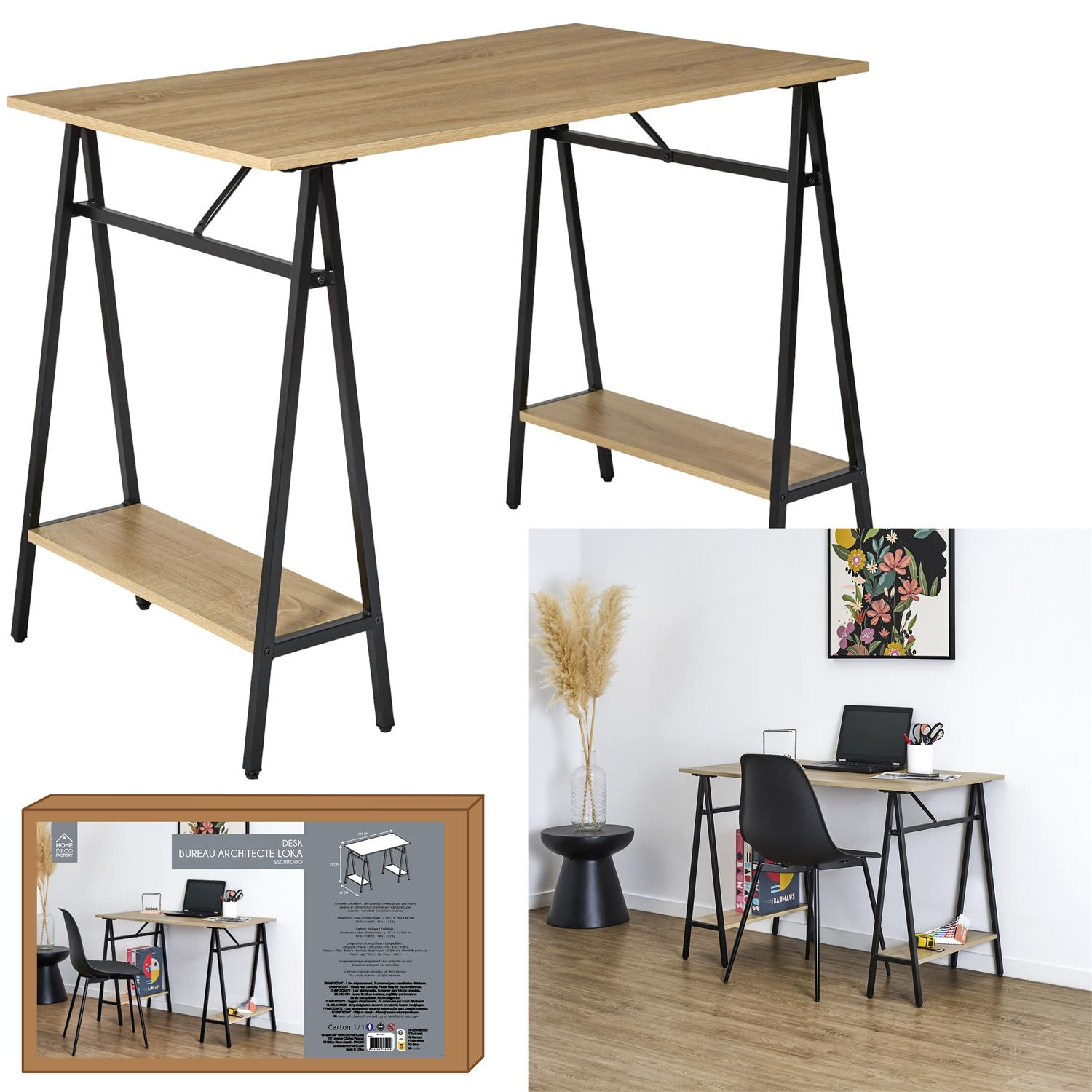 Biurko loft Archi 110x60 z półkami do pracy naturalne czarne - obrazek 5