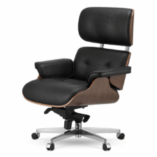 Fotel Biurowy Lucera w stylu Lounge Chair Czarna Skóra Jasny orzech