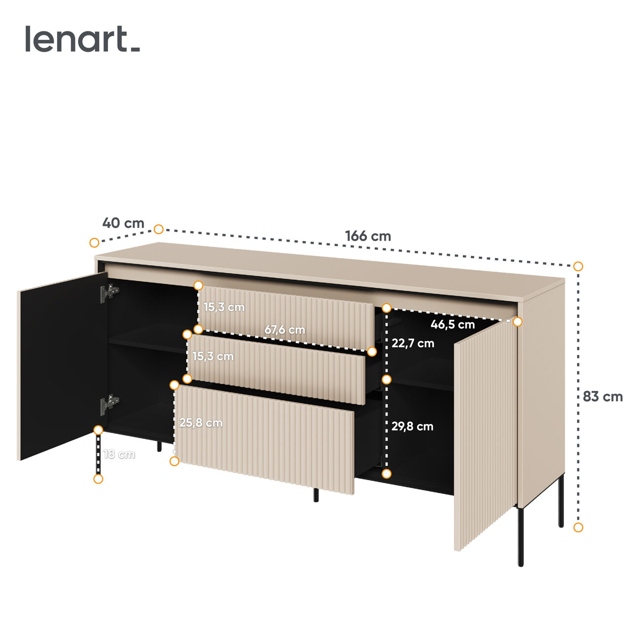 Komoda 2D3S z oświetleniem beż piaskowy/czarny TREND TR01 – szeroka szafka z oświetleniem LED, dekoracyjnymi frontami MDF i funkcjonalnym układem przechowywania - obrazek 6