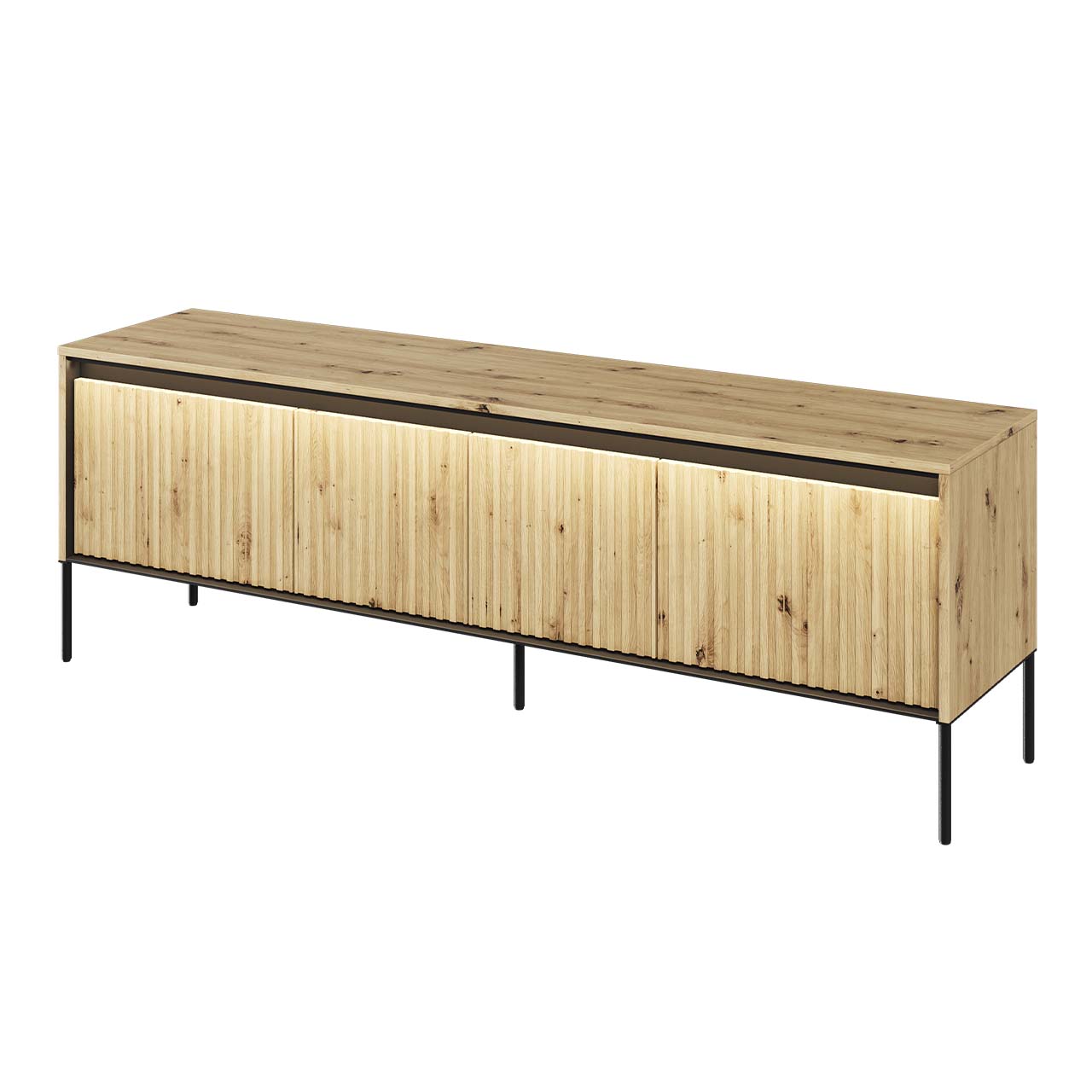 Komoda RTV 166 z oświetleniem dąb artisan/czarny TREND TR05 – frezowany front MDF i efektowne światło LED