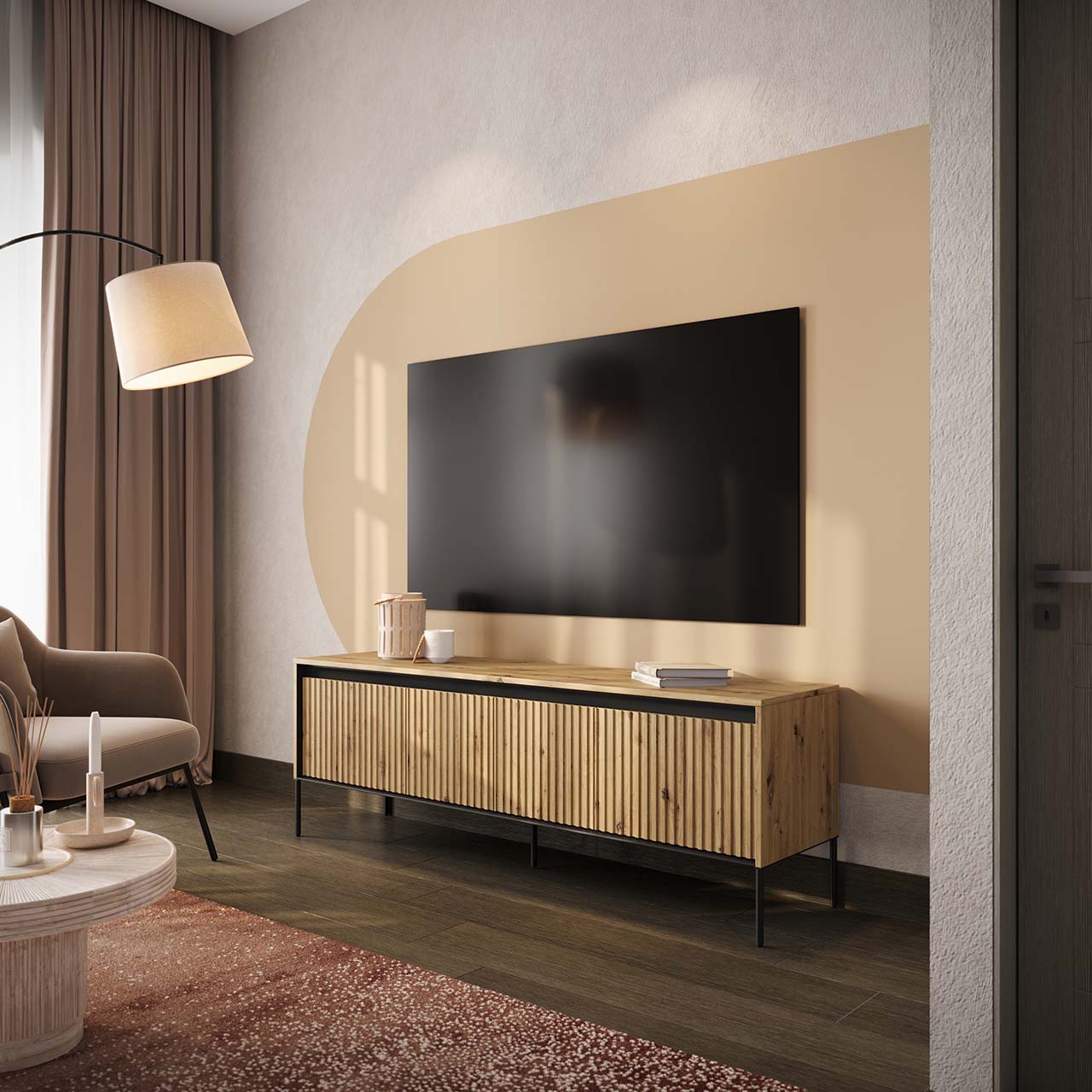 Komoda RTV 166 z oświetleniem dąb artisan/czarny TREND TR05 – frezowany front MDF i efektowne światło LED - obrazek 7