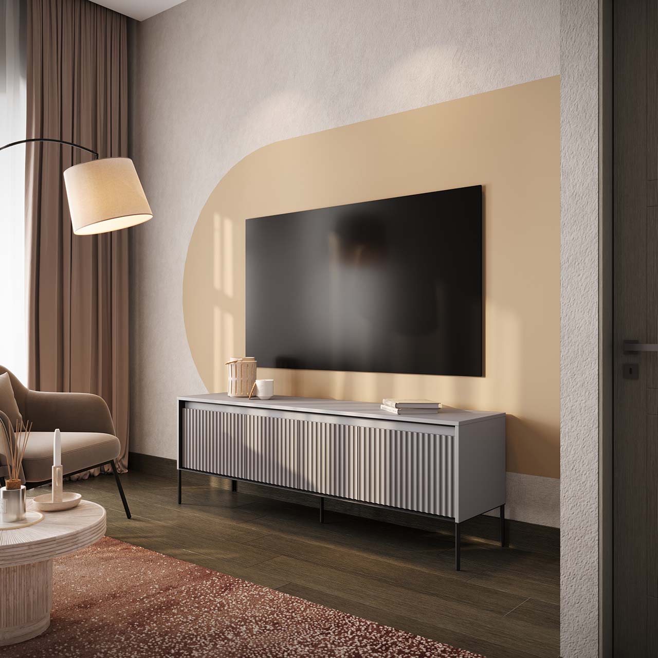 Komoda RTV 166 z oświetleniem szary/czarny TREND TR05 – funkcjonalna zabudowa TV z frontem MDF i światłem LED - obrazek 7