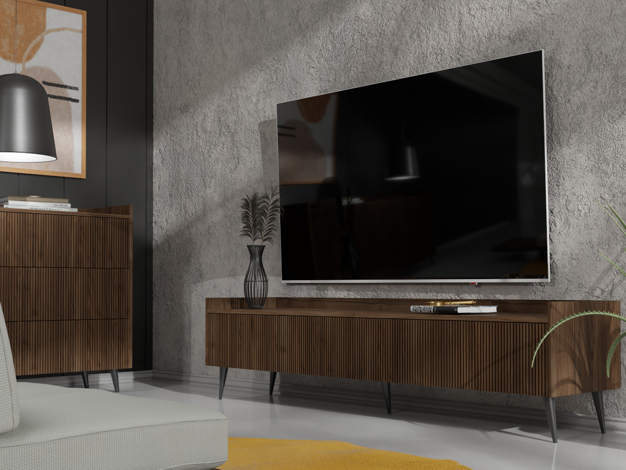 Elegancka komoda pod telewizor NEMO 05 orzech – szeroki mebel RTV z systemem bezuchwytowym - obrazek 4