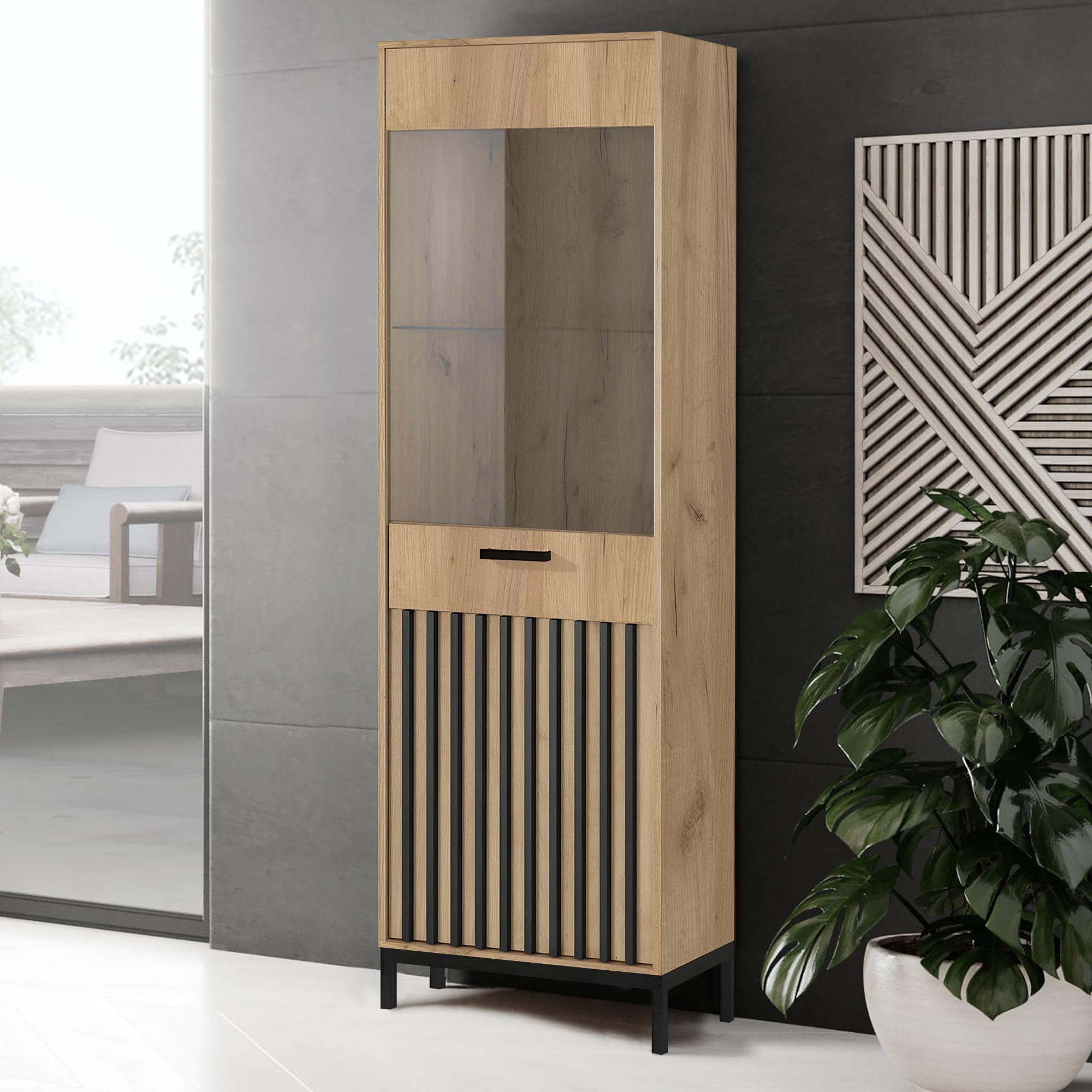 LAMINO W-1 witryna dąb craft/czarny, nogi: czarny - obrazek 3