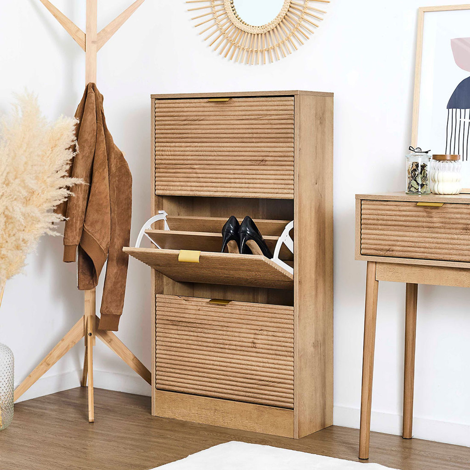 Wąska szafka na buty Tiphaine do przedpokoju naturalna skandynawska - obrazek 3